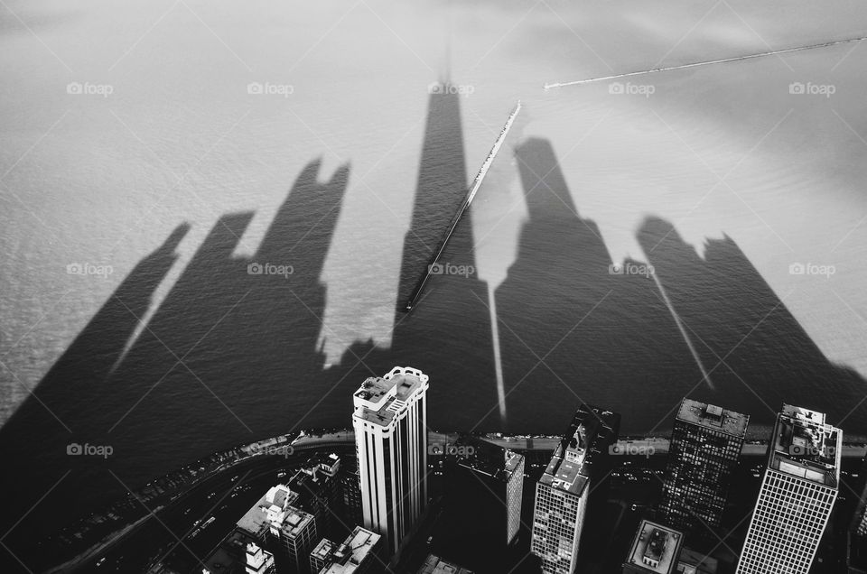 Chicago's skyscrapers shadows on Lake Michigan