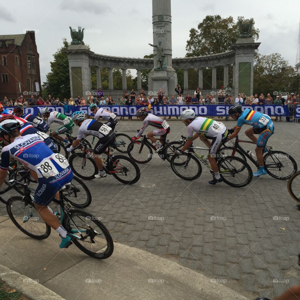 UCI BICYCLISTS IN COMPETITION. Taken in 2015 World Championship race.