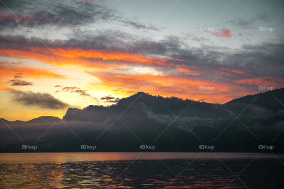 Dramatic sunrise over Lake Lucerne