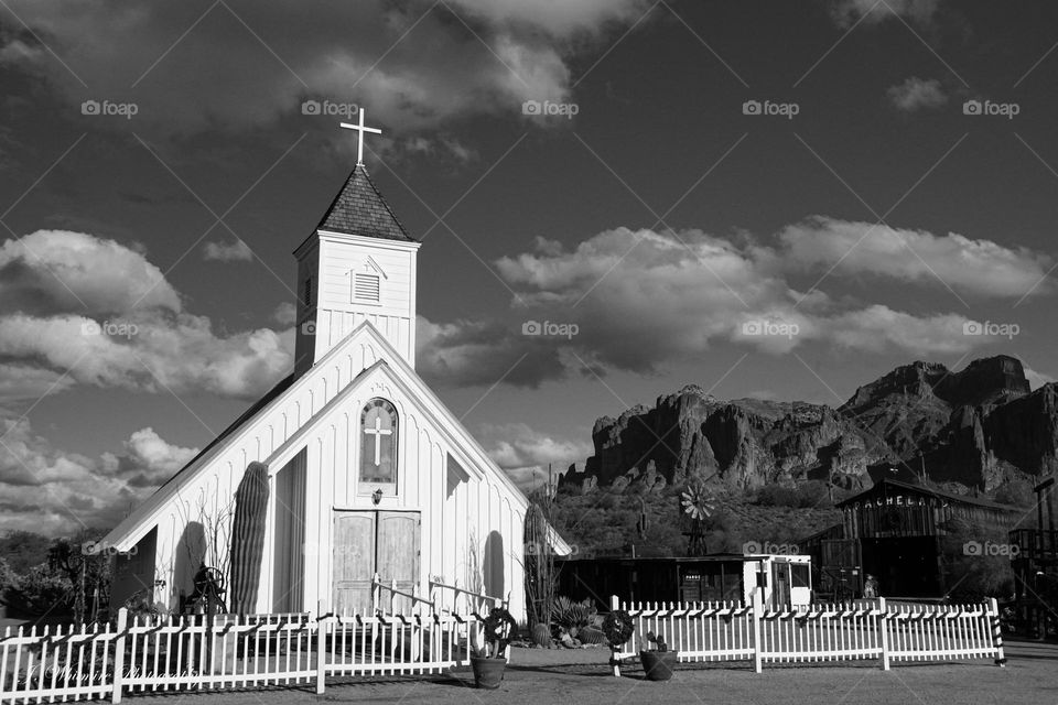 A chapel stands in the shadow of the Superstition Mountains in Arizona