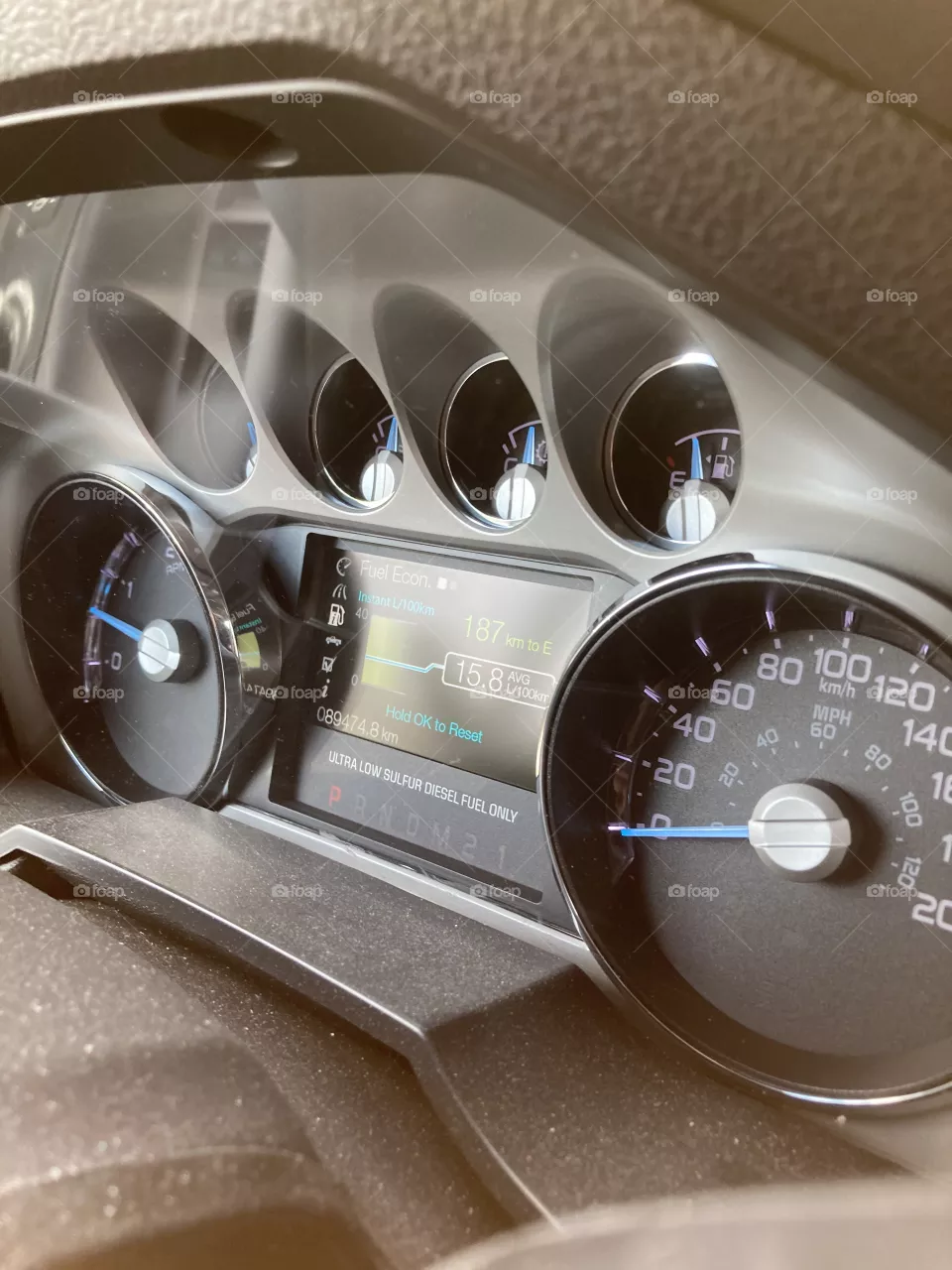 Ford F-250 truck dashboard. Ford Tough.