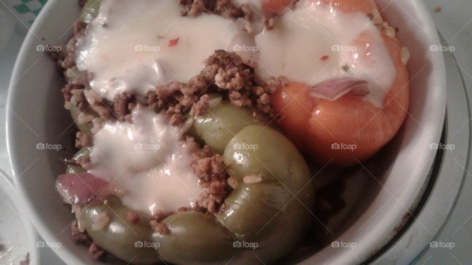 A comforting winters meal. Stuffed peppers with cheese