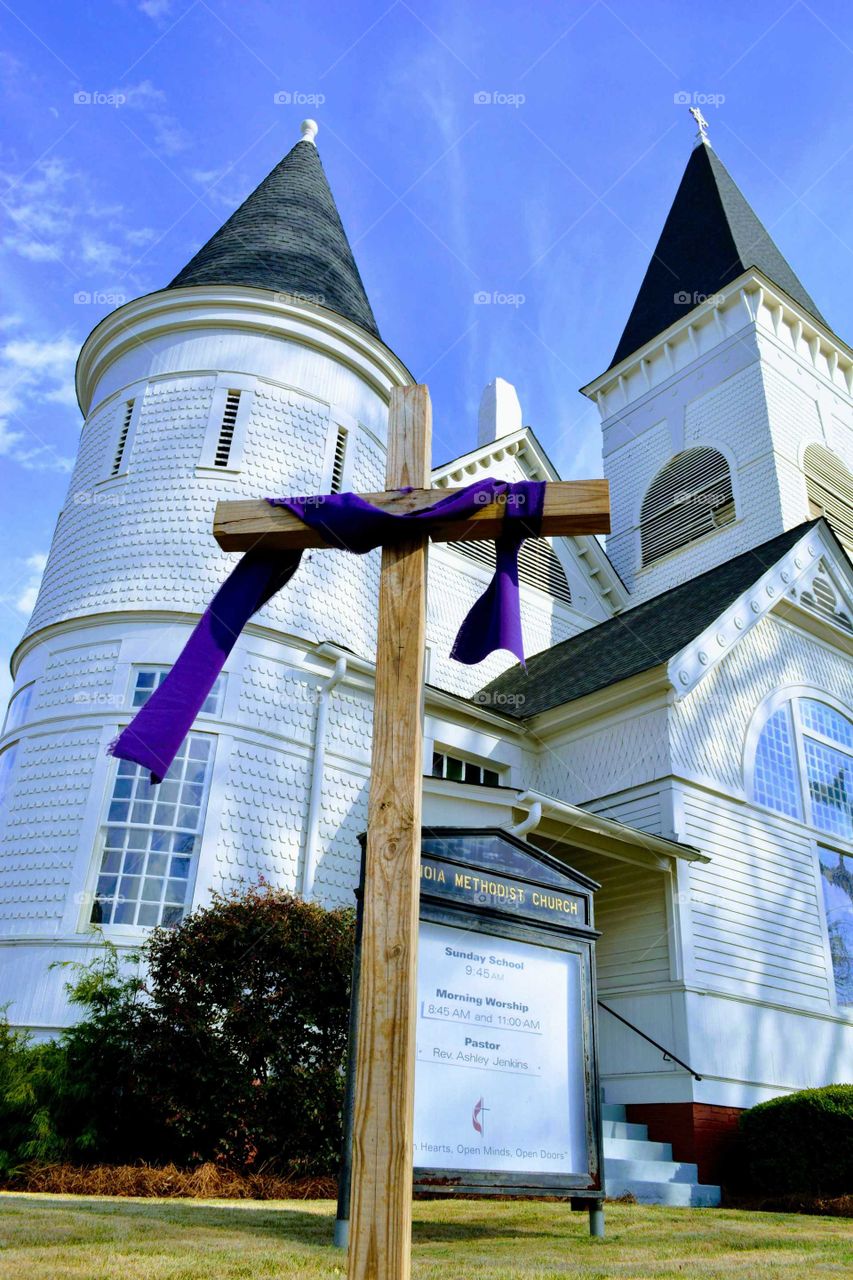 Methodist Church steeple decorated for Easter
