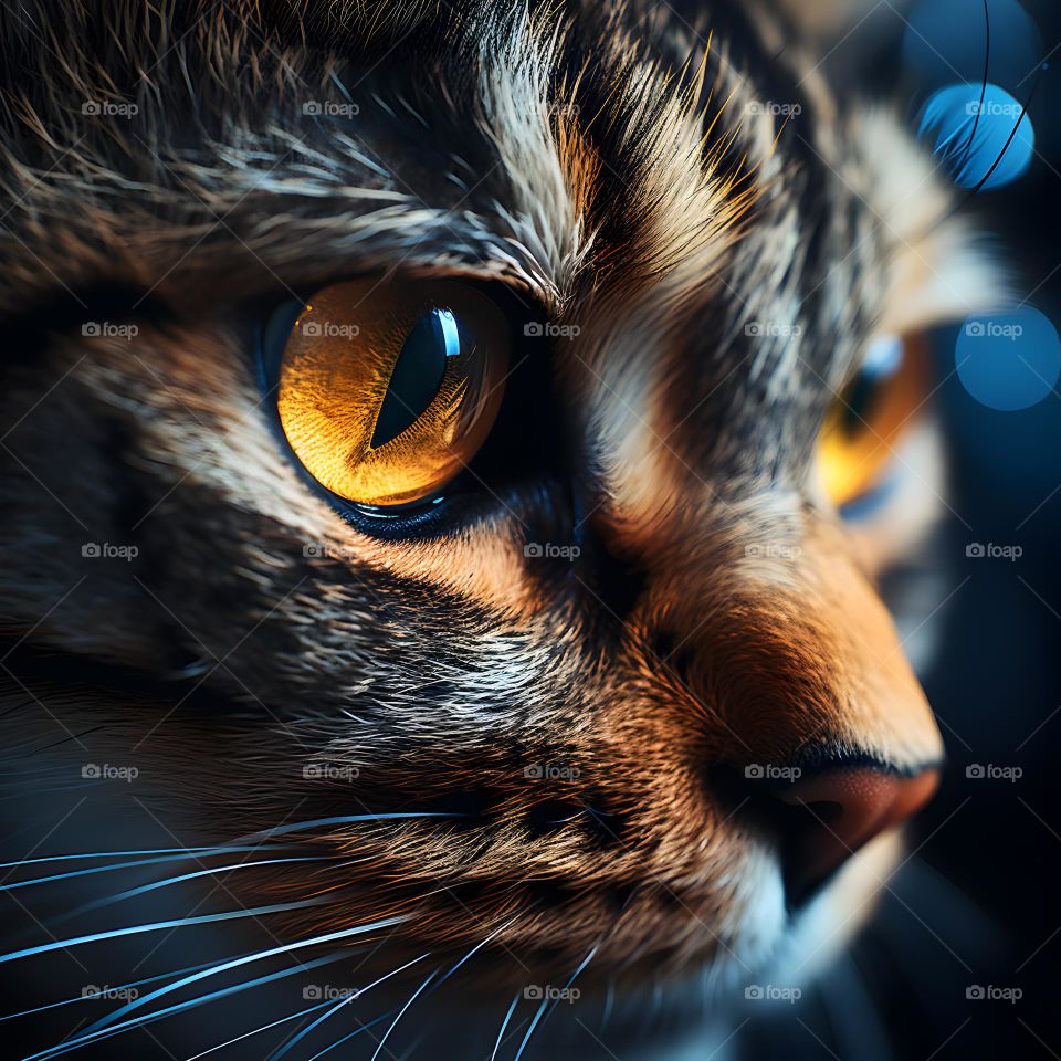 close up of a cat face with round eyes, in the style of vray tracing, photo-realistic techniques