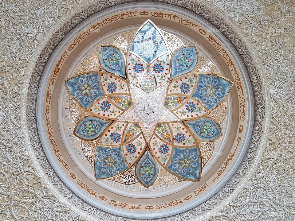 looking directly up on a chandelier, grand mosque, abu dhabi