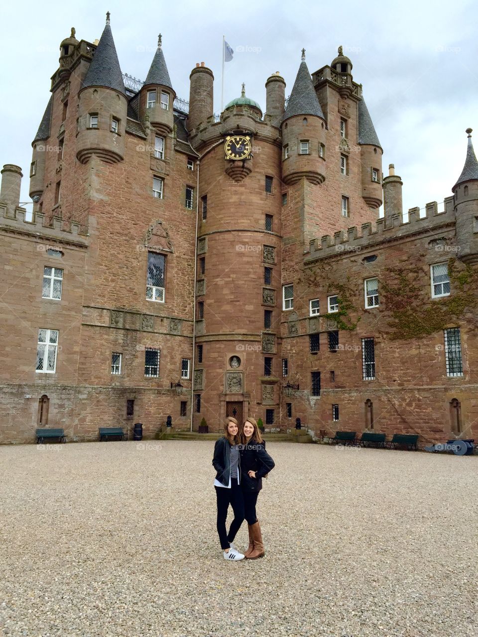 Sisters on vacation in Scotland. Visiting Glamis Castle. 