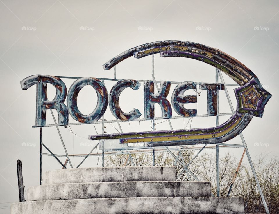 Remnants of the old Rocket Club neon sign in Fort Worth, Texas. 
