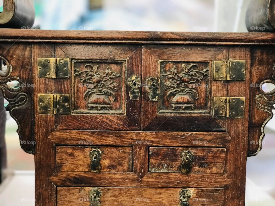 Ancient wooden shelf and metal lockers 