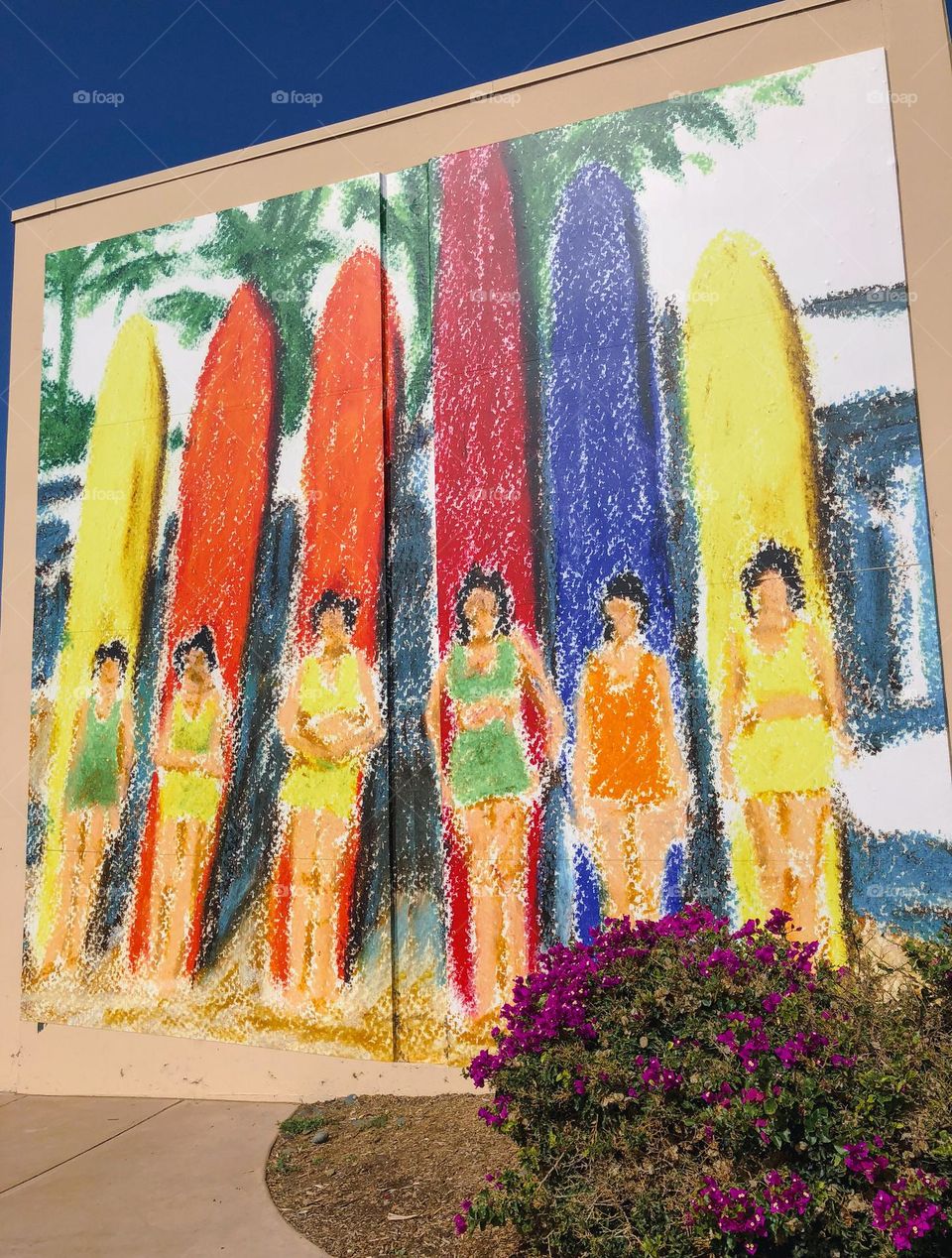 colorful mural of classic San Diego surfers || near the library in Cardiff-by-the-Sea