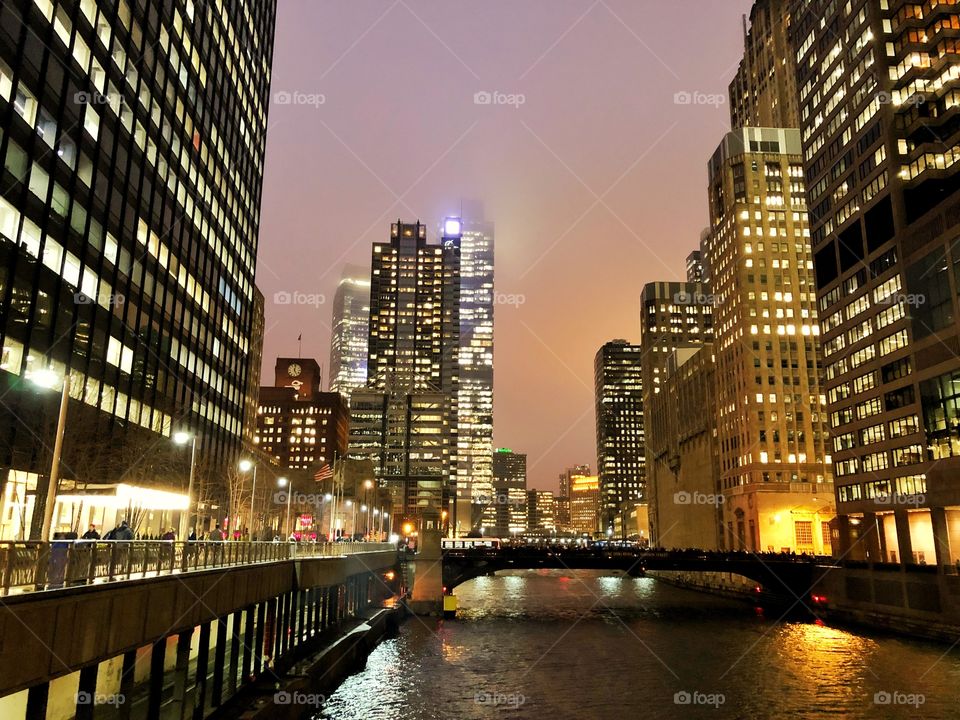 Beautiful Bright Downtown Chicago River at Night