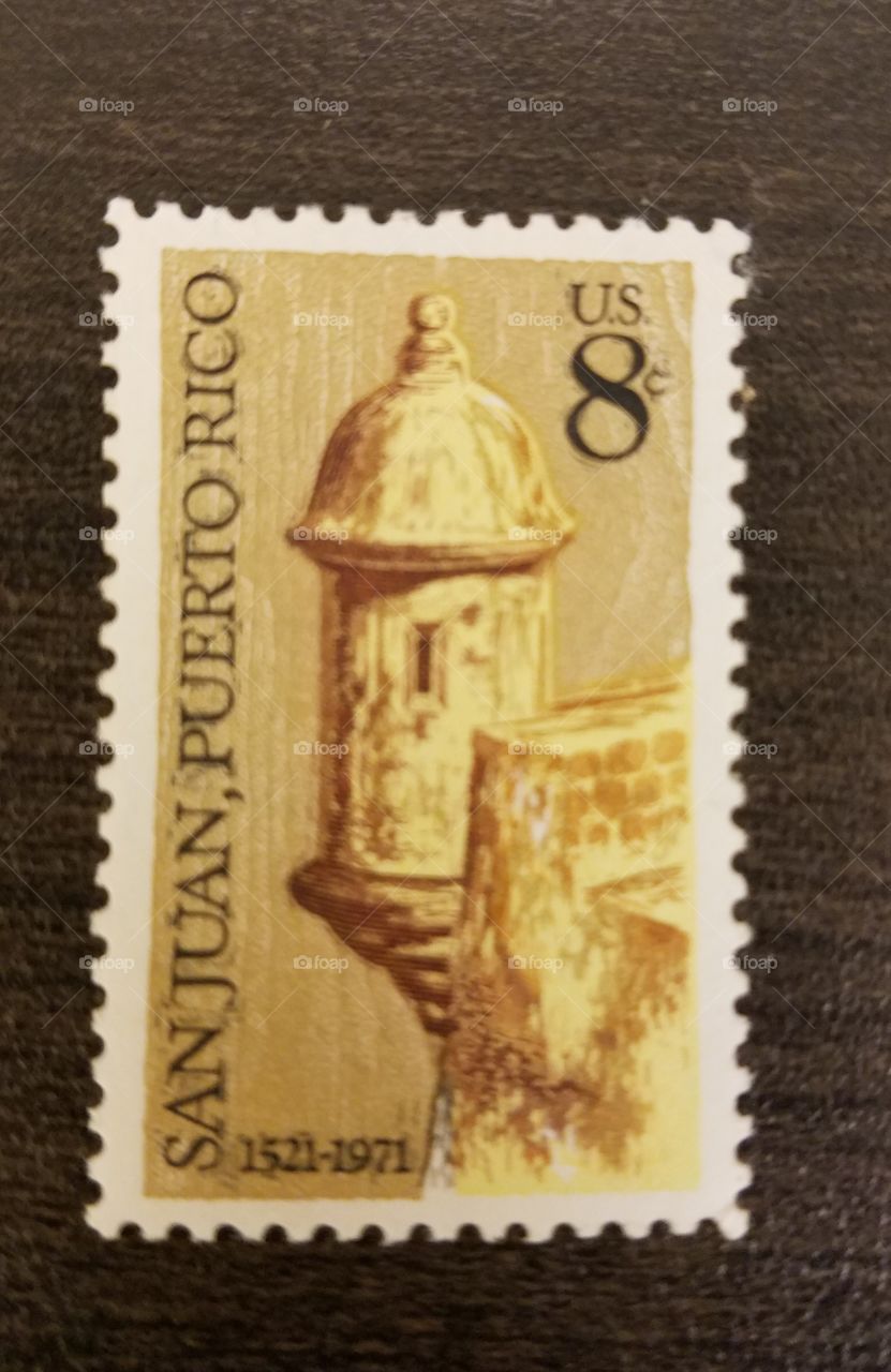 postage stamp,  San Juan, Puerto Rico, 8 cents, brown, gold