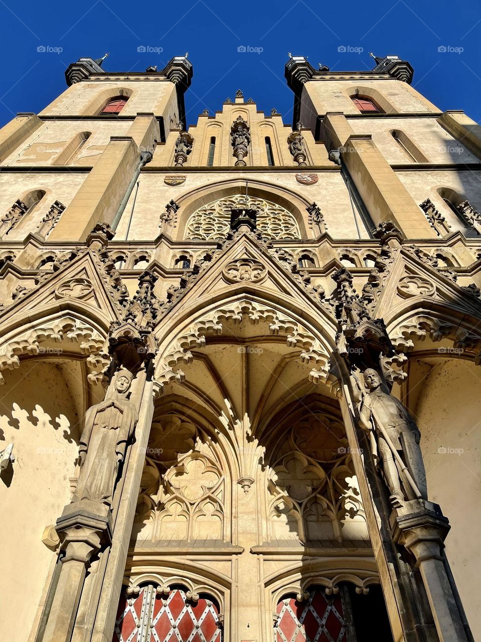 View from bottom to the top of catholic old cathedral 