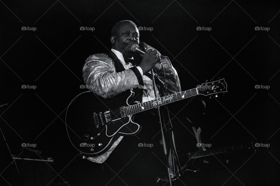10 March 1996, the legendary Blues Boy, B. B. King performing at the Arena Hall in Poznan, Poland. American blues guitarist and singer-songwriter. Archival image could have imperfections as it is digital reproduction from b&w negative. Editorial use.