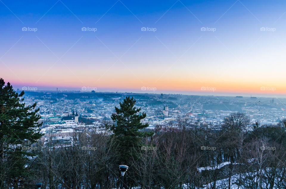 Lviv cityscape during the sunset