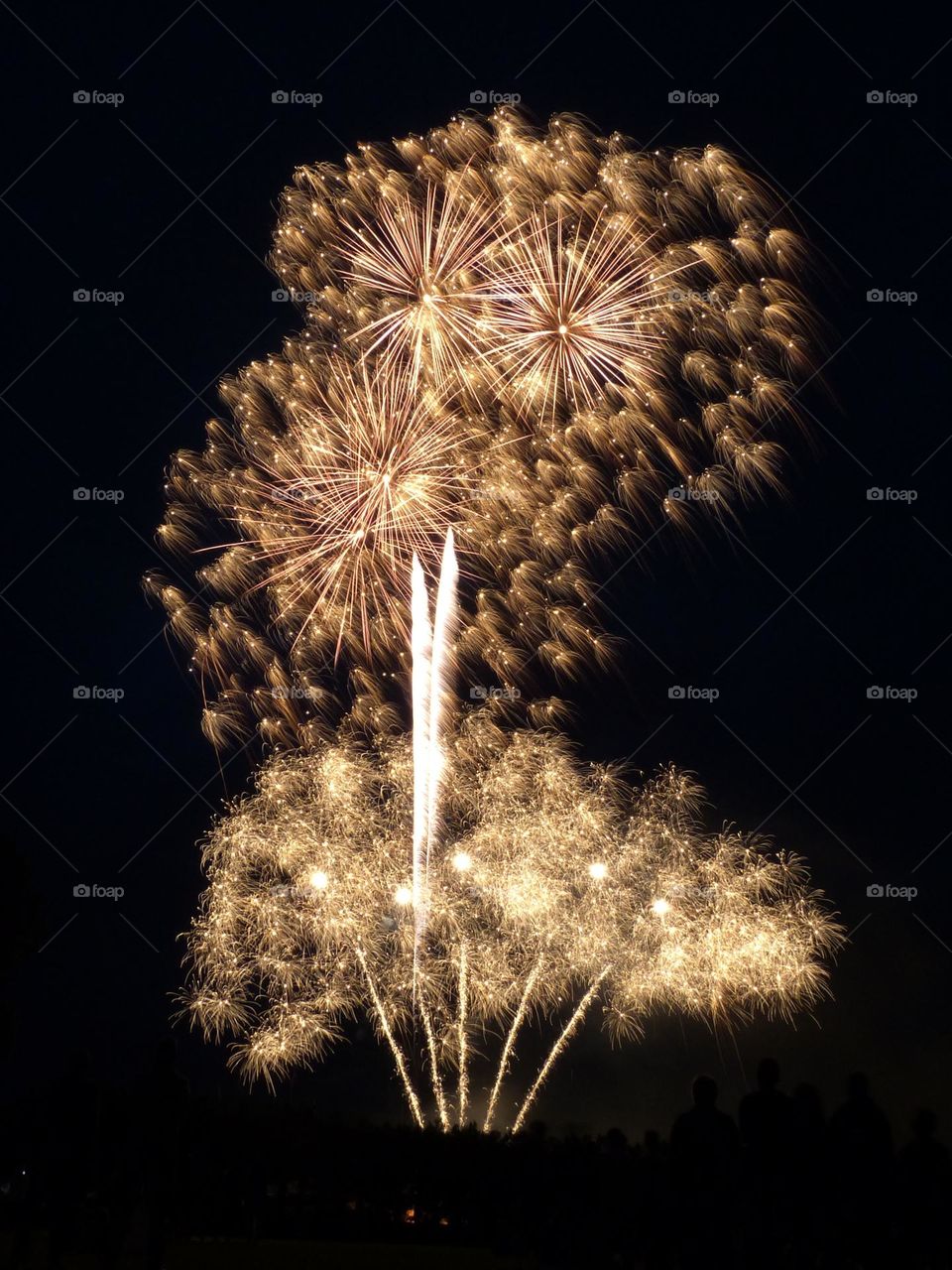 Firework in golden tones celebrating the national day in France captured in long exposure.