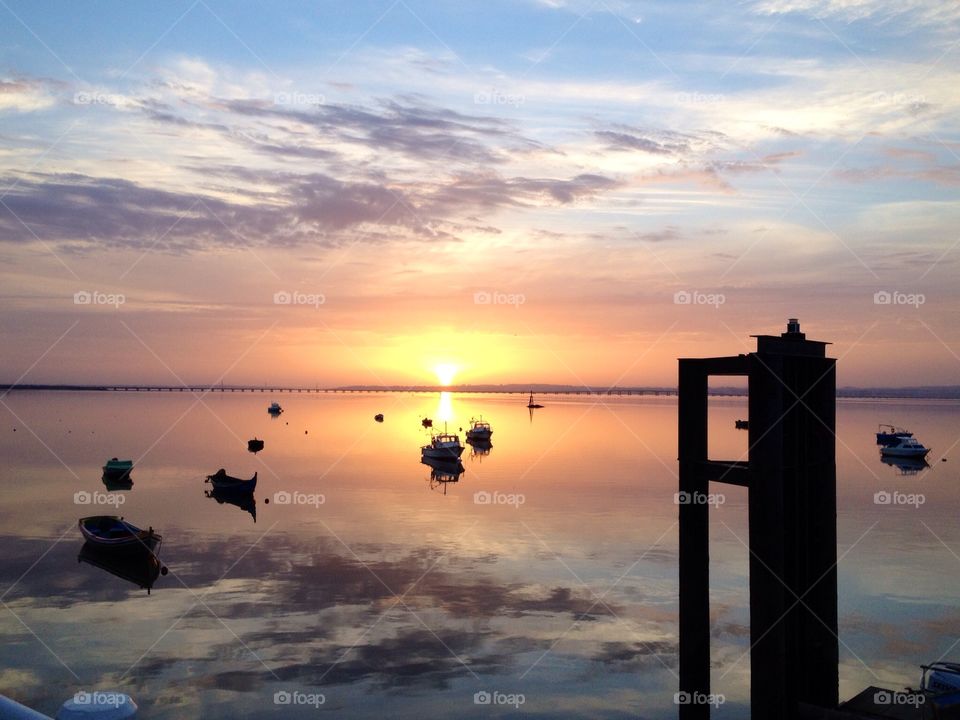 Boats, river, Sky and sunset
