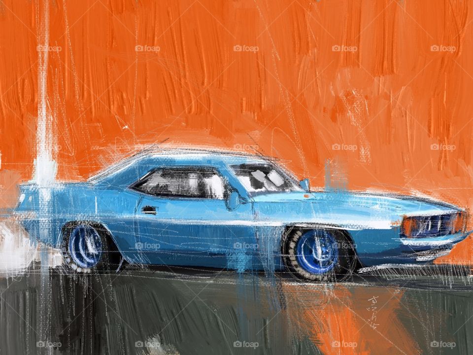 Blue muscle car. A painting of a blue muscle car...;)