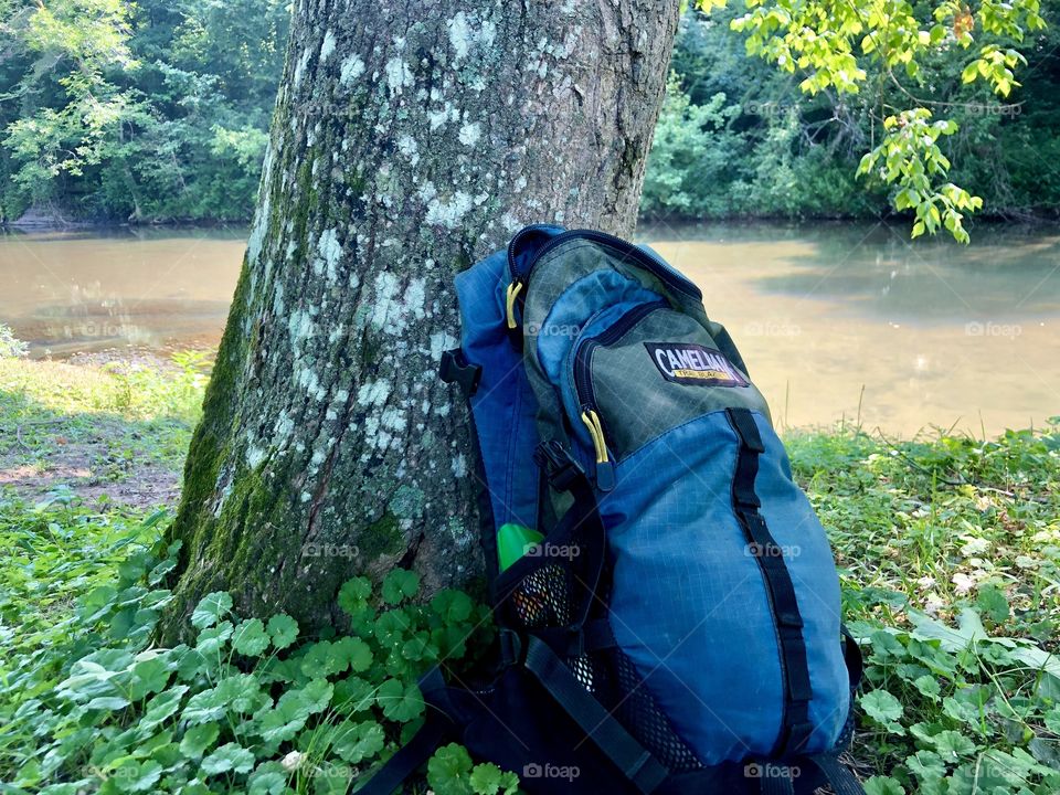 Blue backpack on ground against tree trunk creek in woods background 