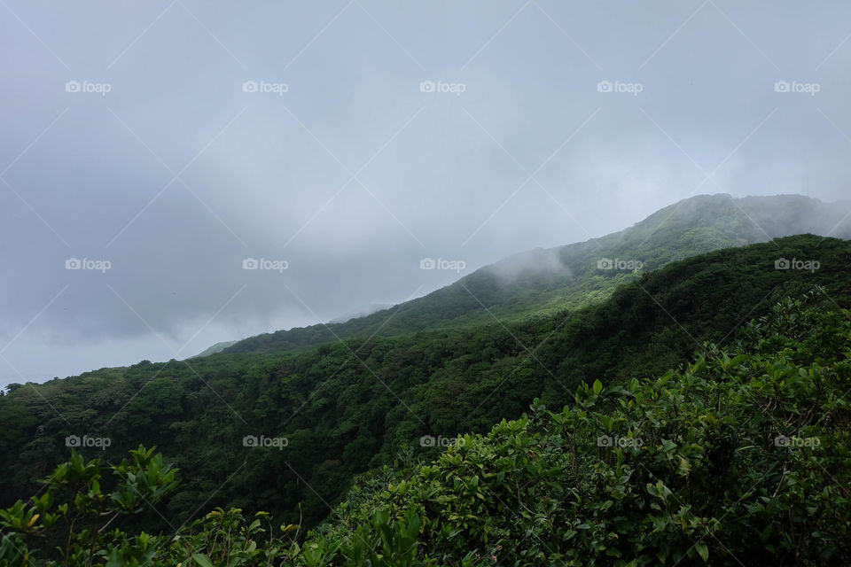 Scenic view of mountain during foggy weather