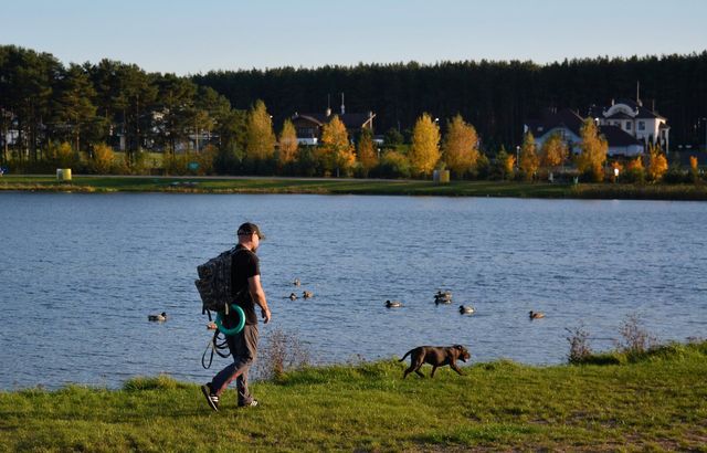 men walking with dog autumn landscape
