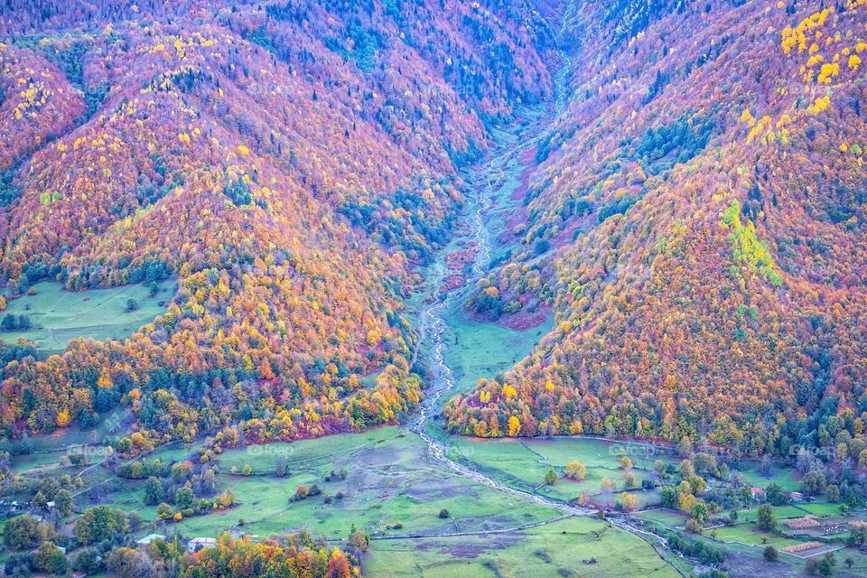 Colorful autumn scene of mountain scape along the way in Georgia 