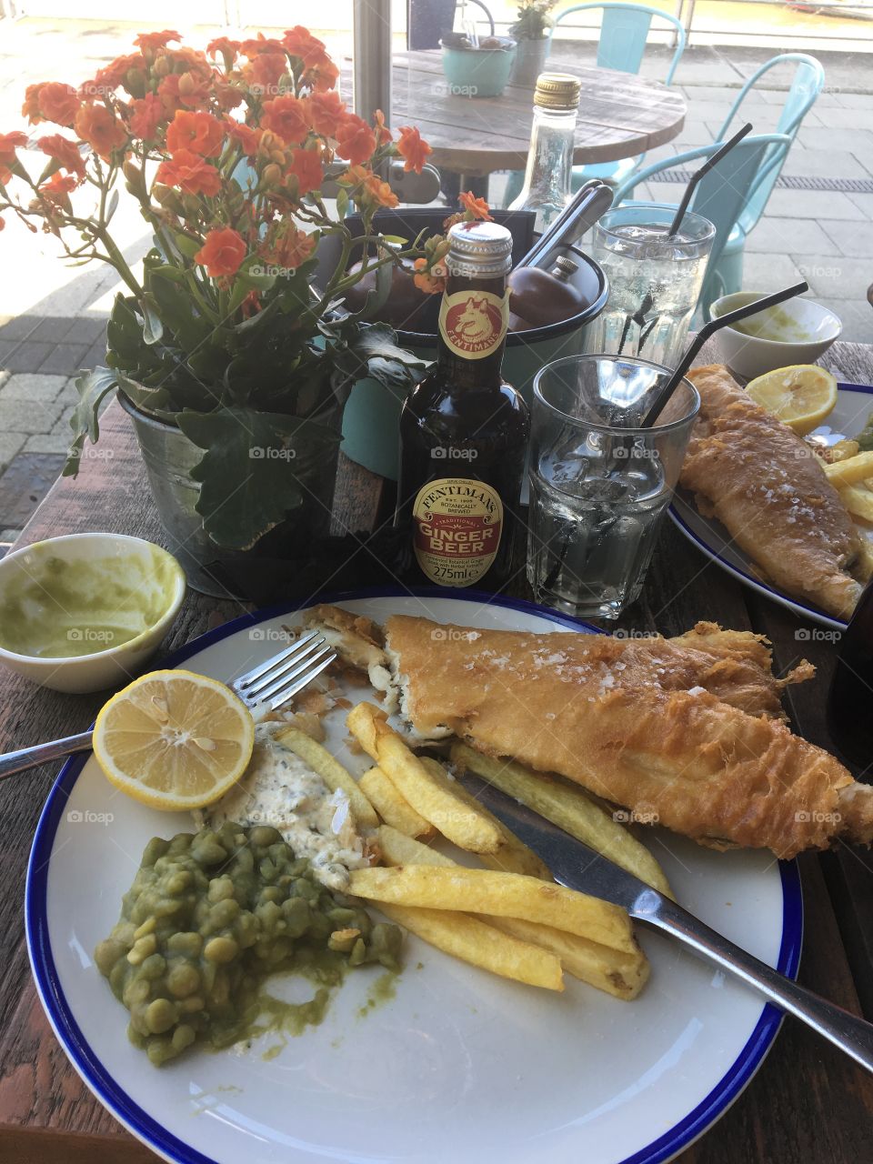 Fish and chips by the river bank