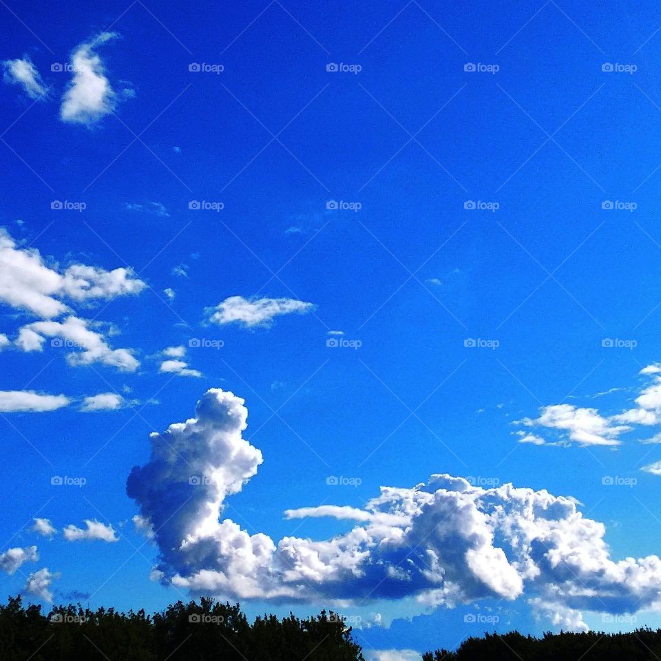 Blue sky, white clouds.