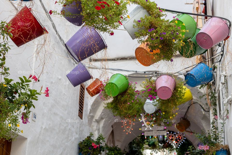 A beautiful view of colored small buckets with flowers growing in them hanging on wires along the white street of the city of Ostuni in Italy, close-up side view. Concept urban plants.