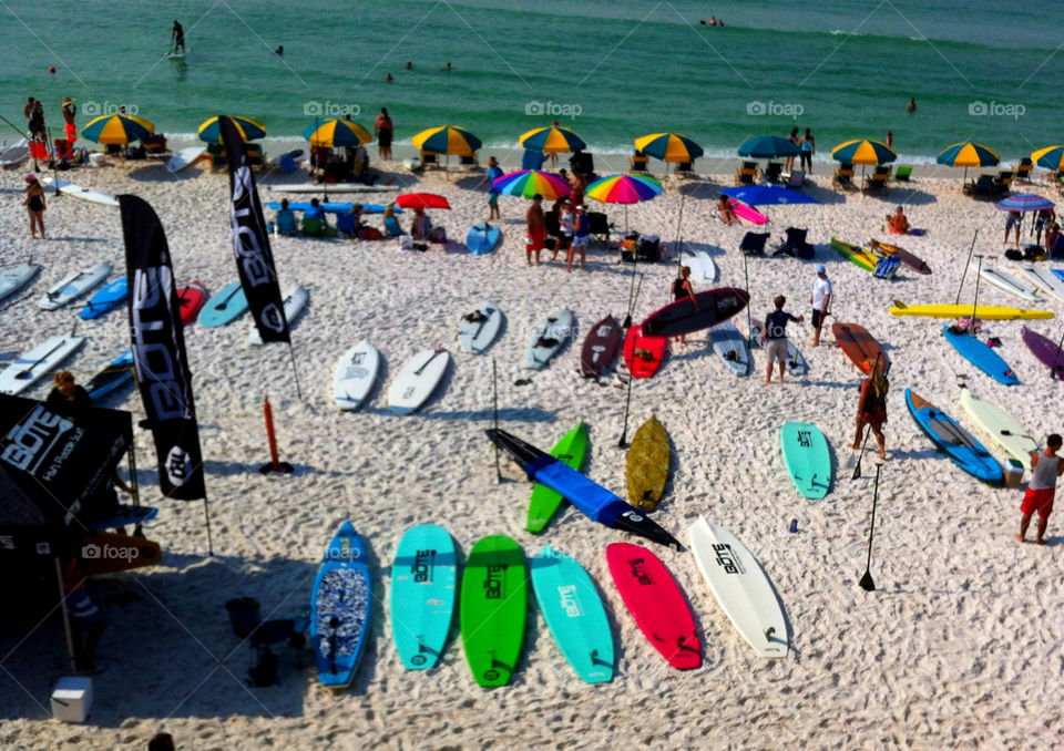 Paddle boarding Tournament! Colorful paddle boards line the beach at the beginning of the race!