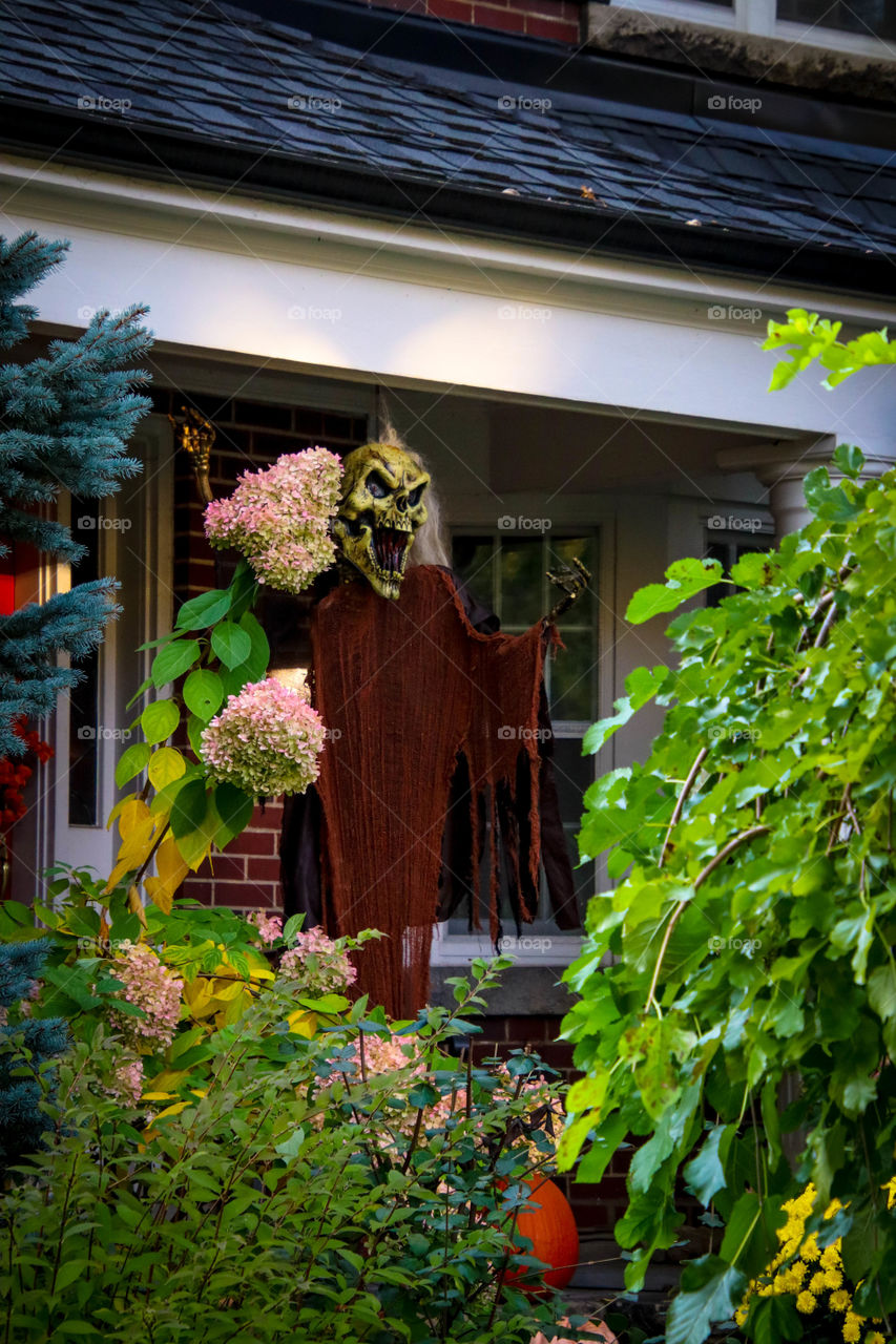 Scary decoration of the entrance for Halloween