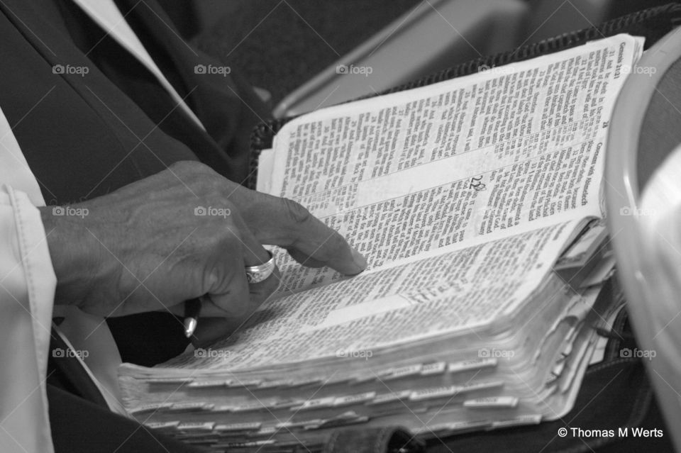 reading the bible, following along with finger