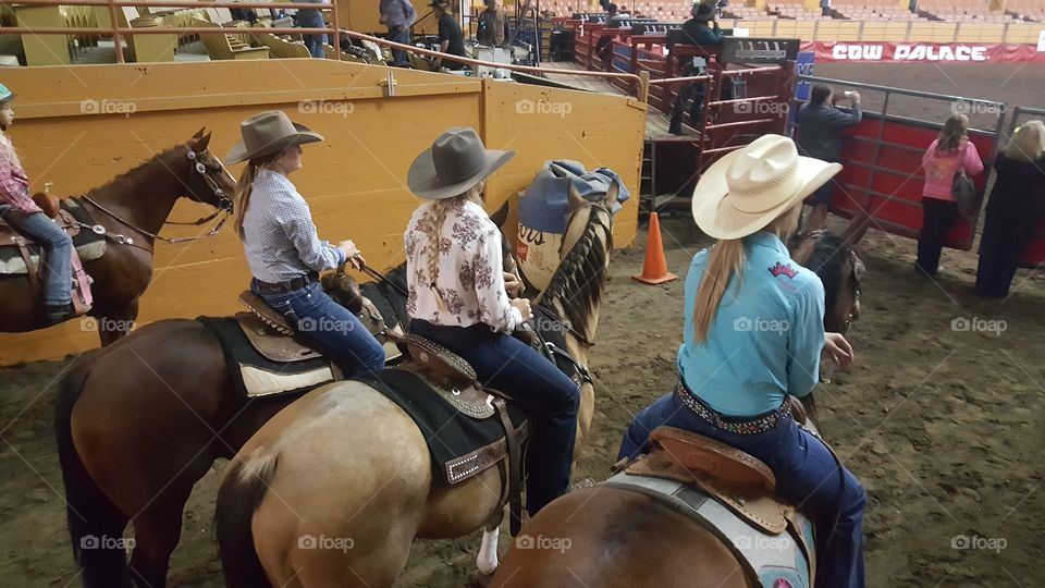 My friend's rodeo sisters about to compete in Grand National Rodeo at Cow Palace in Daly City, California.