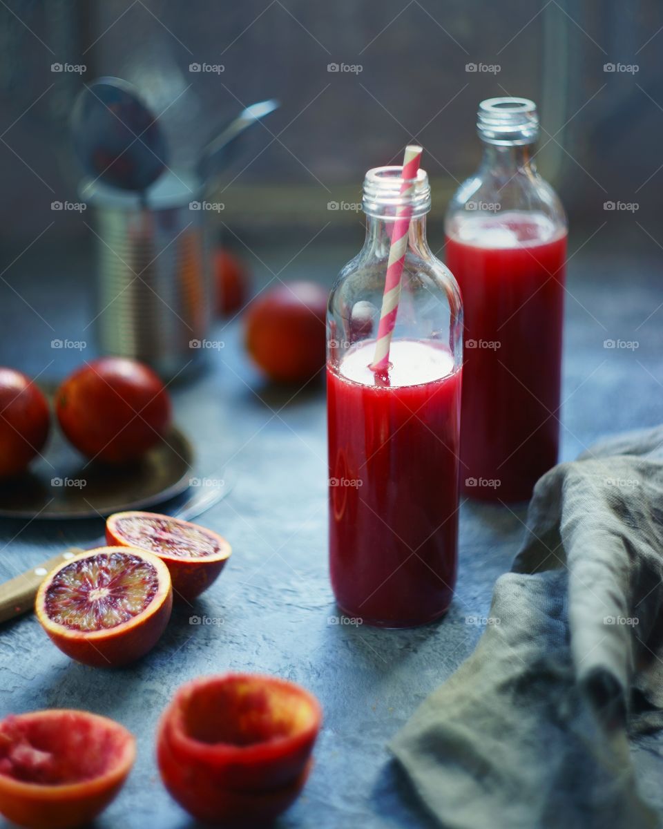 Bottles of juice on table