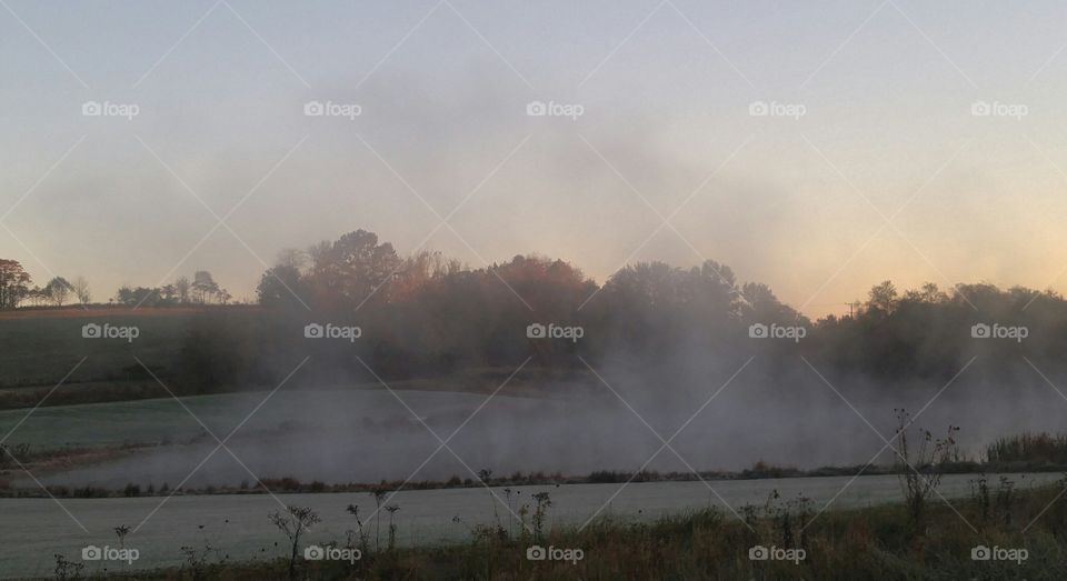 fog on pond with sunrise