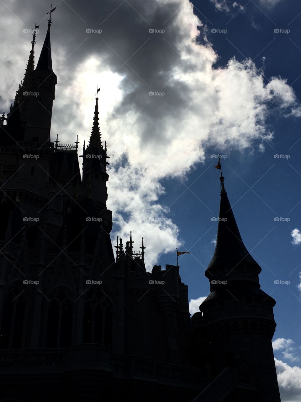 Silhouette shot of Cinderella Castle in Walt Disney World.