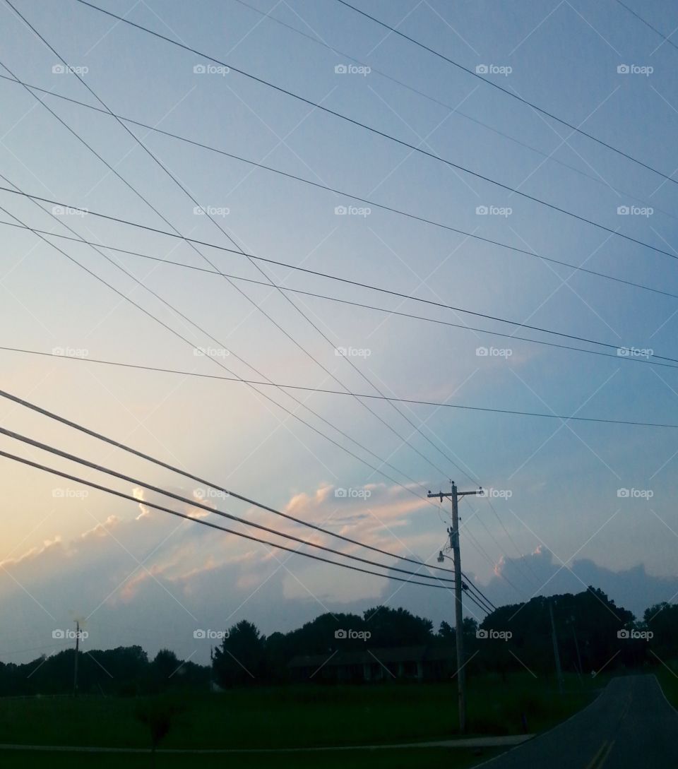Sun scene above power lines. Beautiful sky above power lines 