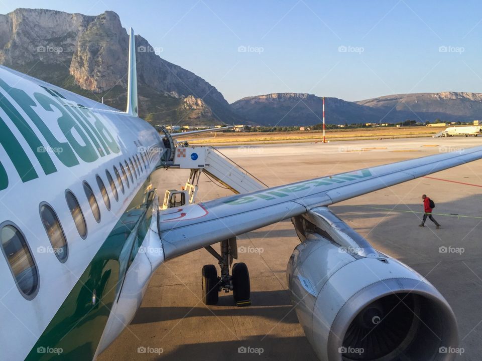 Palermo Airport. Alitalia airplane at Palermo Airport in Sicily Italy