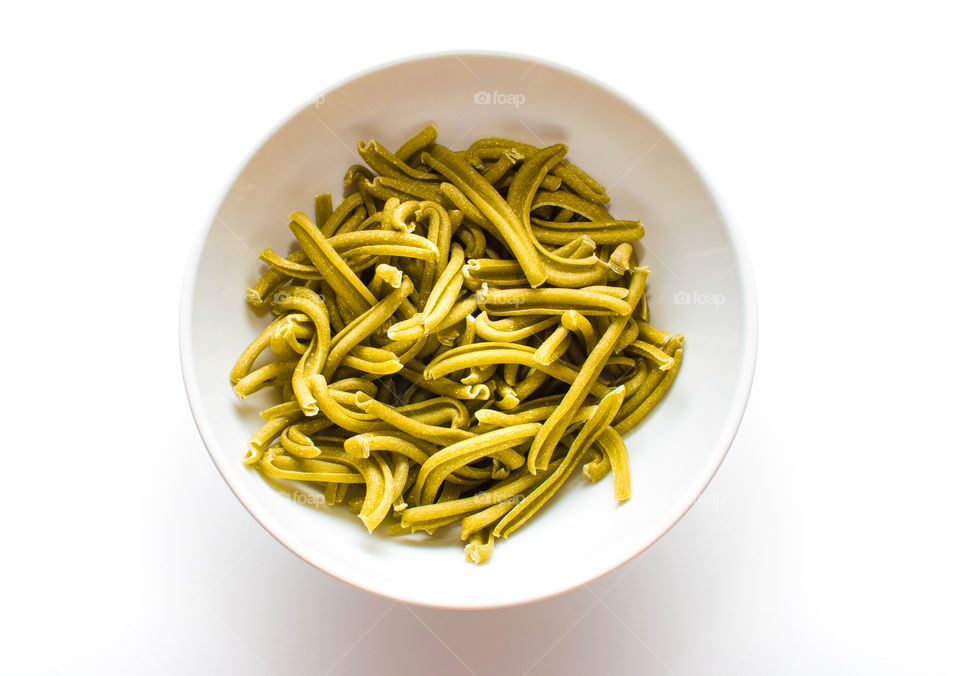 High angle view of dried pasta in bowl