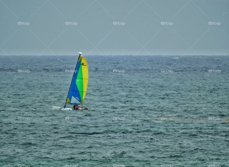 Sailing On The Ocean. Colorful Sailboat On The Caribbean
