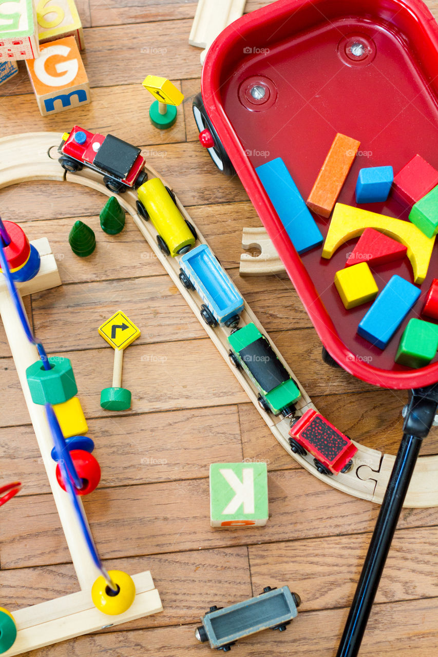 Still life of classic wooden colorful toys
