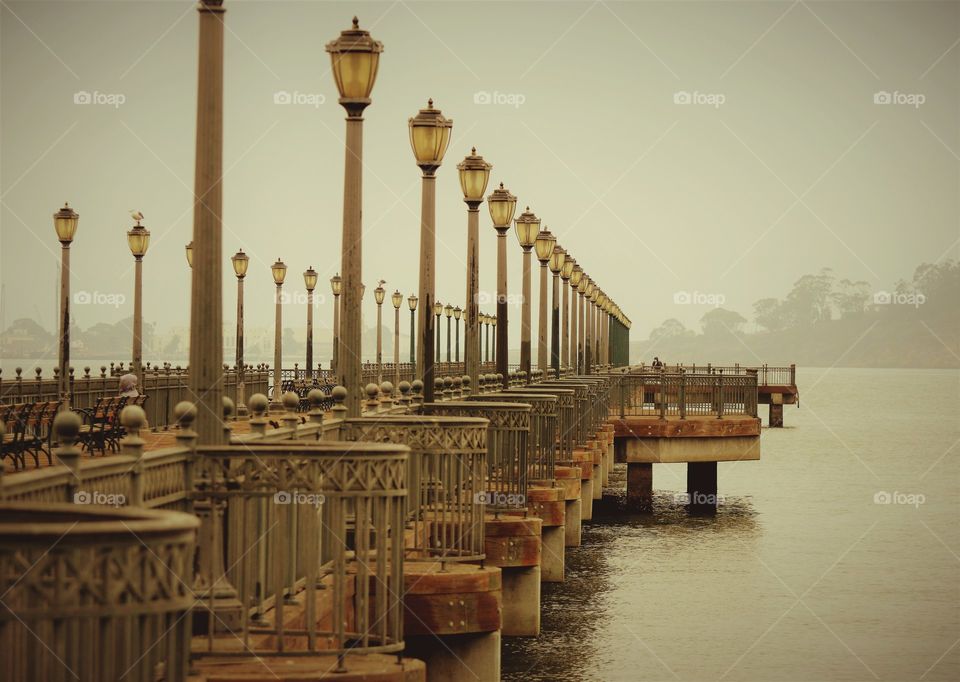 a foggy day at lamppost Pier in San Francisco California