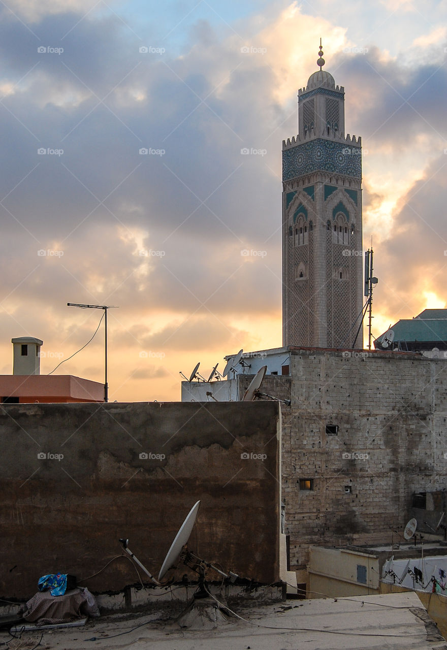 Hassan II mosque tower from the Medina . From the Medina in Casablanca