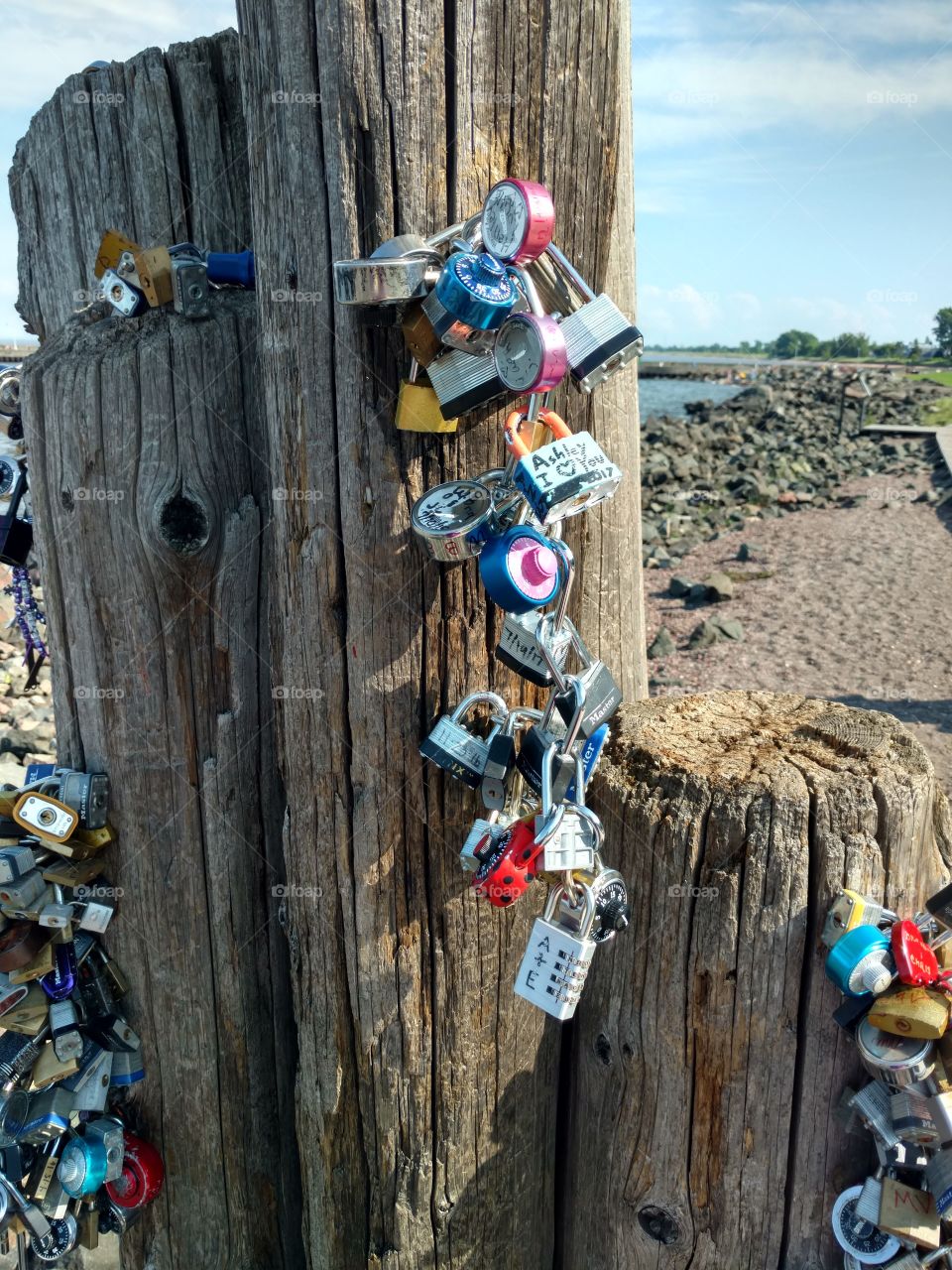 locks on wooden Pole Lake Superior