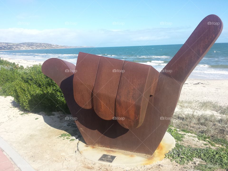 Big metal hand. Sculpture at Brighton SA