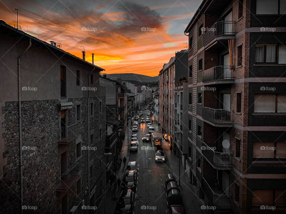 High angle view of sunset in urban street 
