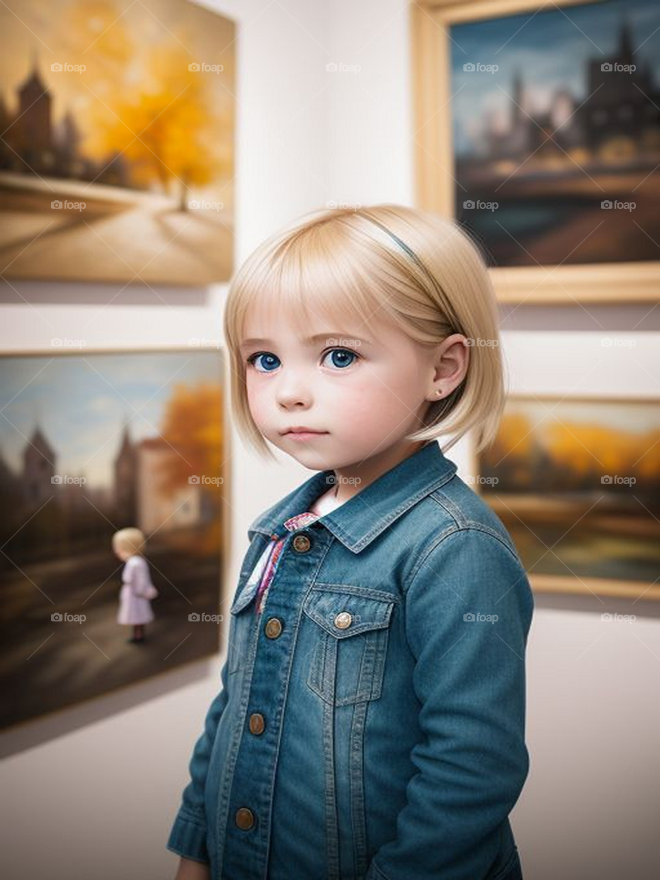 A little blonde girl among artistic paintings