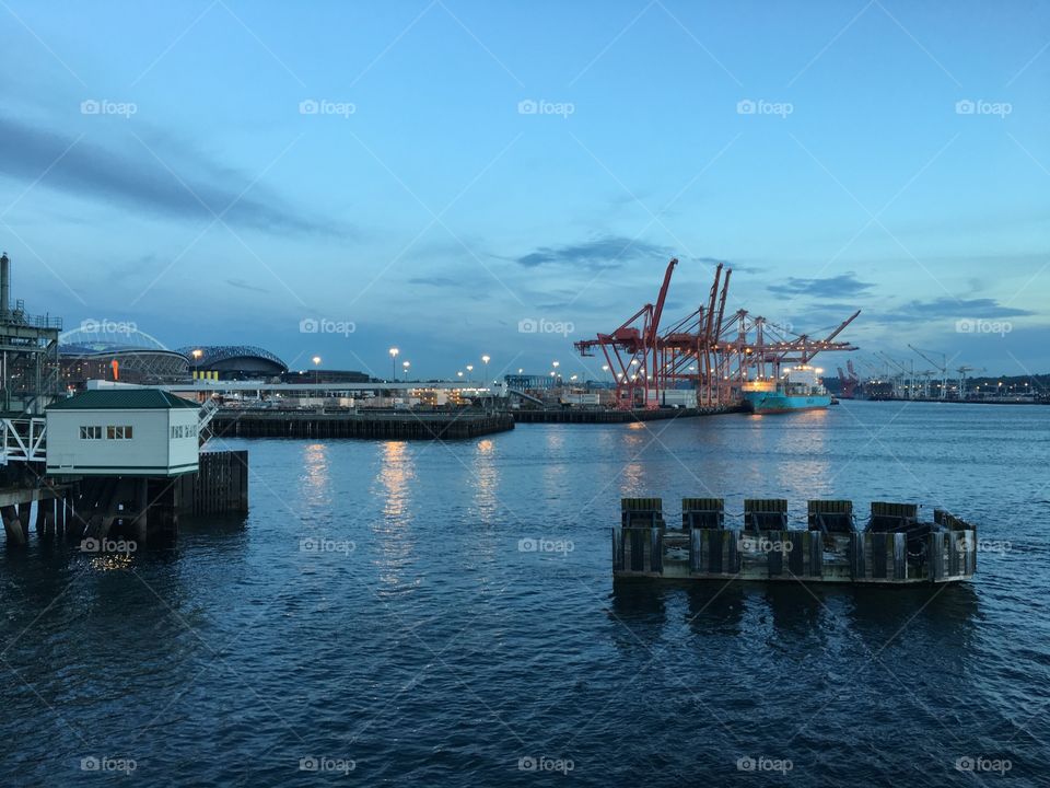 Seattle Port with Cargo Cranes 