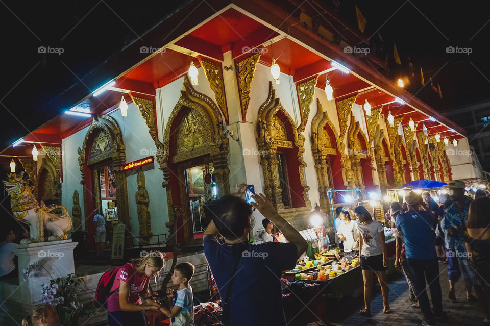 Illuminated temple in the center of Chiang Mai, Thailand 