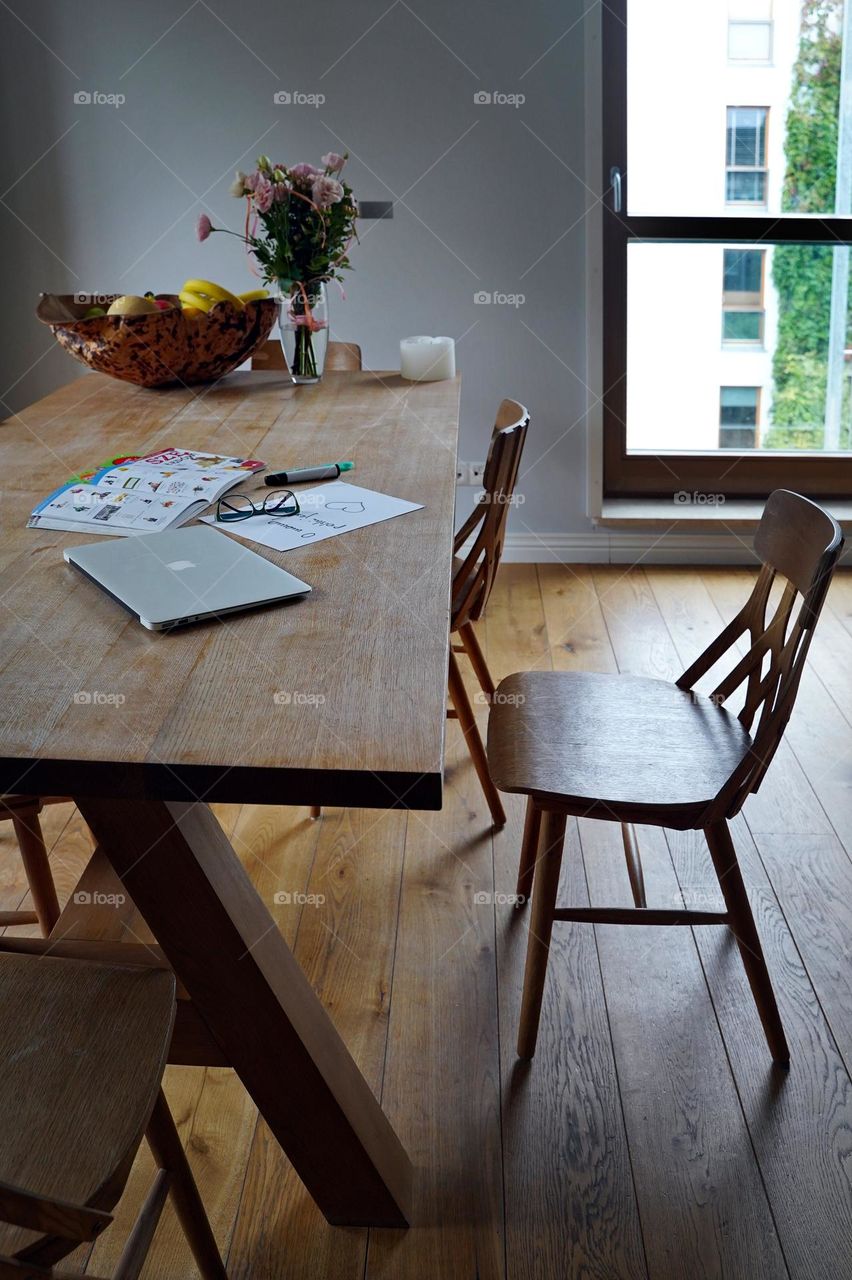 Work place at a large table