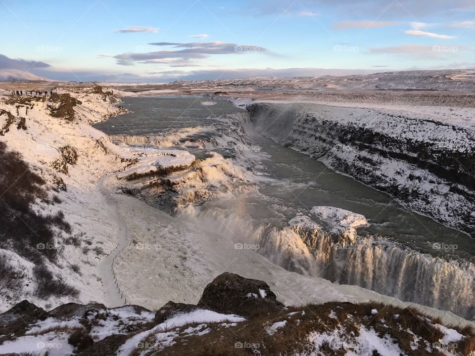 Gullfoss Falls, Iceland. Natural, frozen landscape. 